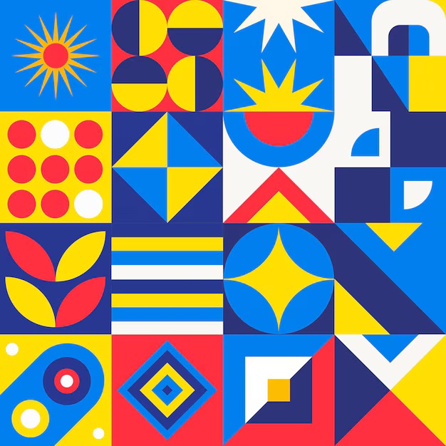Colorful grid of geometric patterns with circles, triangles, stars and leaves in red, blue, yellow and white