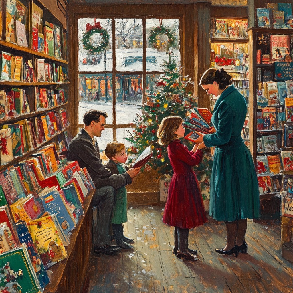 Family in vintage bookshop at Christmas with decorated tree and snowy window view