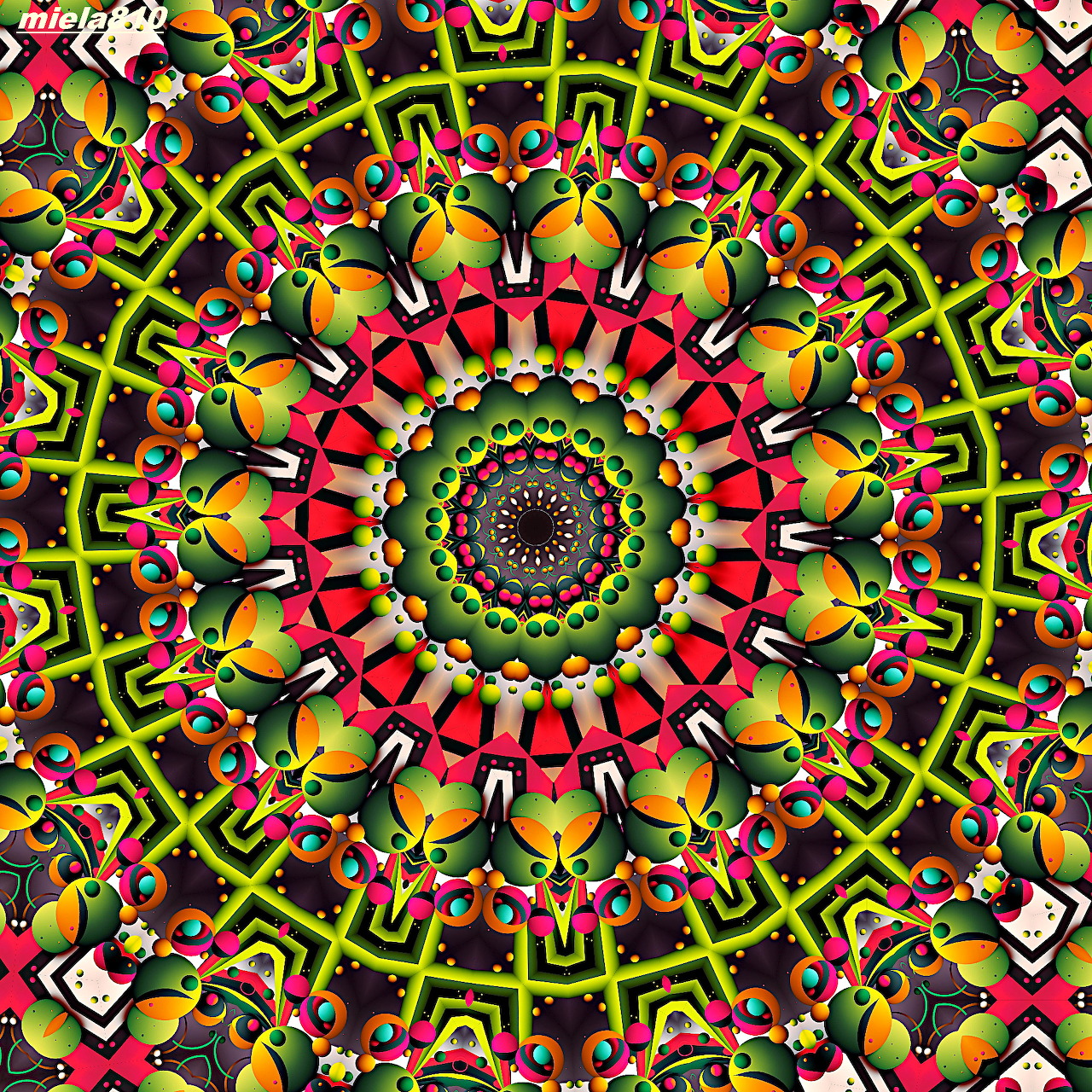 Colorful symmetrical mandala with concentric circles of geometric patterns in yellow, red, green, and orange