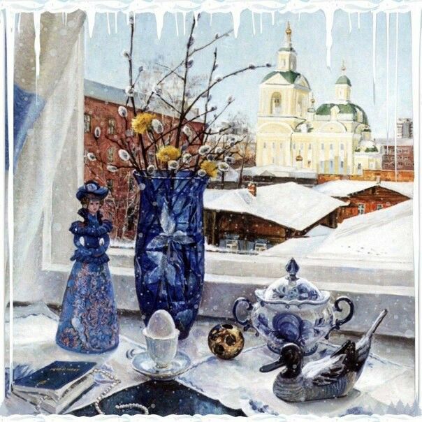 Painting of a winter windowsill still life with blue vases, teapot, and a snowy church in the background