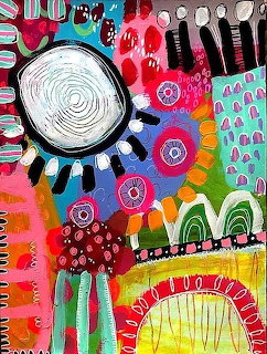 Colorful abstract painting with spiral sun, bold flowers, and vibrant patterns in mixed media style