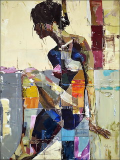 Abstract mosaic art showing a seated woman figure in colorful geometric patches