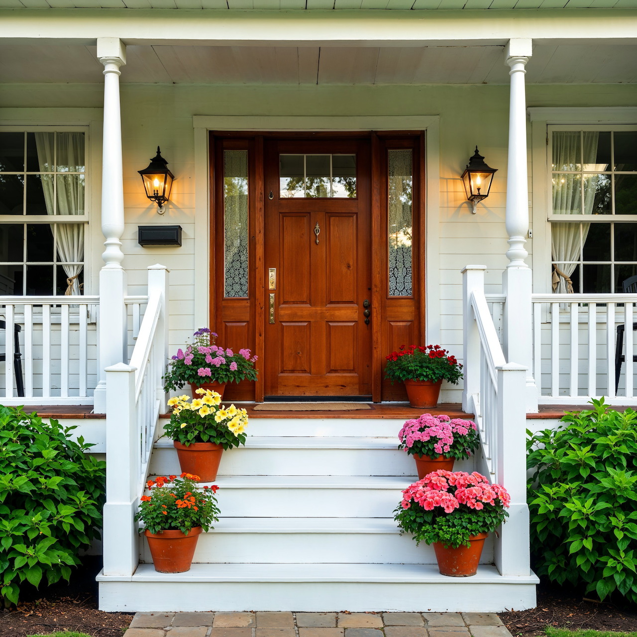 Front porch with wooden door, white columns and railings, and colorful potted flowers on the steps