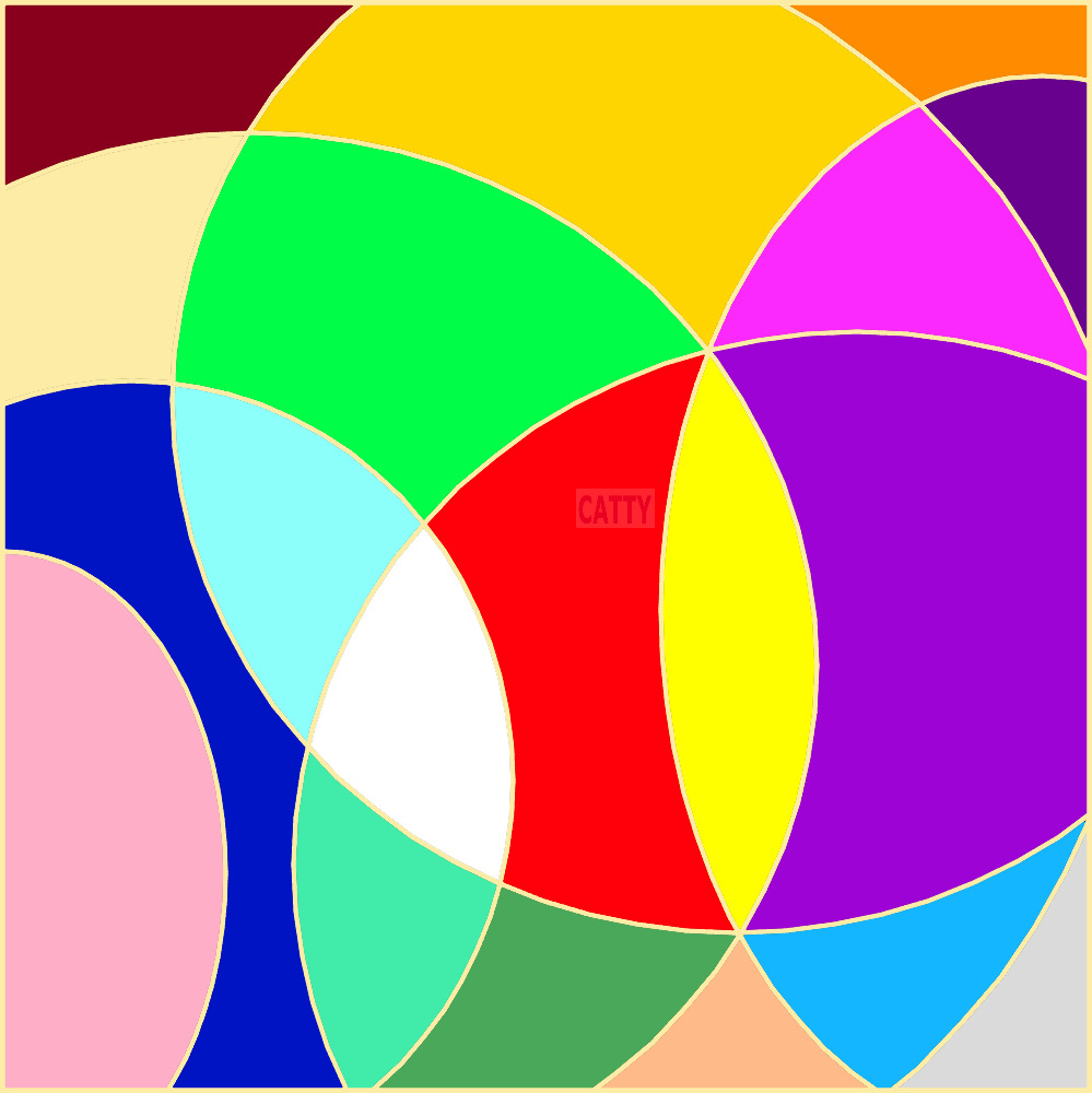 Abstract geometric art with overlapping colorful circular shapes in red, purple, yellow, green, and blue