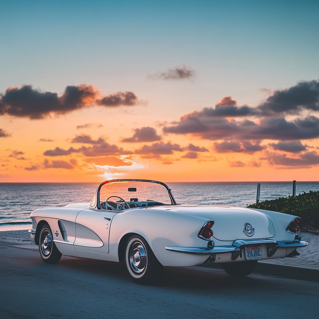 Vintage Car Ocean Sunset