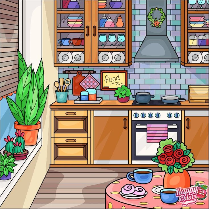 Colorful cartoon kitchen with cabinets, stove, plants, and decorative dishware