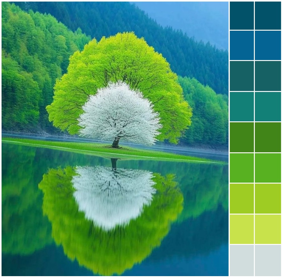 Green and white tree reflected in a lake with a vertical color palette on the right