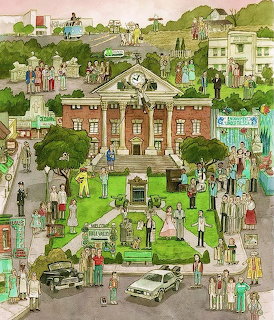 Illustrated town square with courthouse, people, vintage cars, and shops in a nostalgic American town
