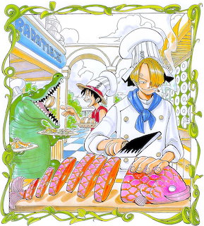 Blonde anime chef in white uniform preparing sushi and desserts in a kitchen