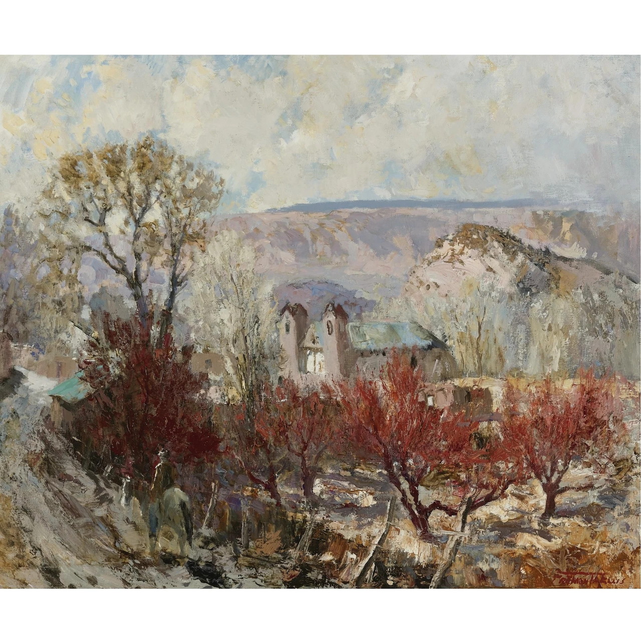 Impressionist landscape painting of a white church with red trees and mountains in background