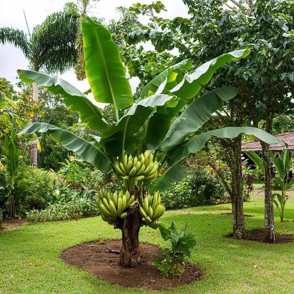 Banana tree with unripe green bananas growing in a well-maintained tropical garden with lush green lawn