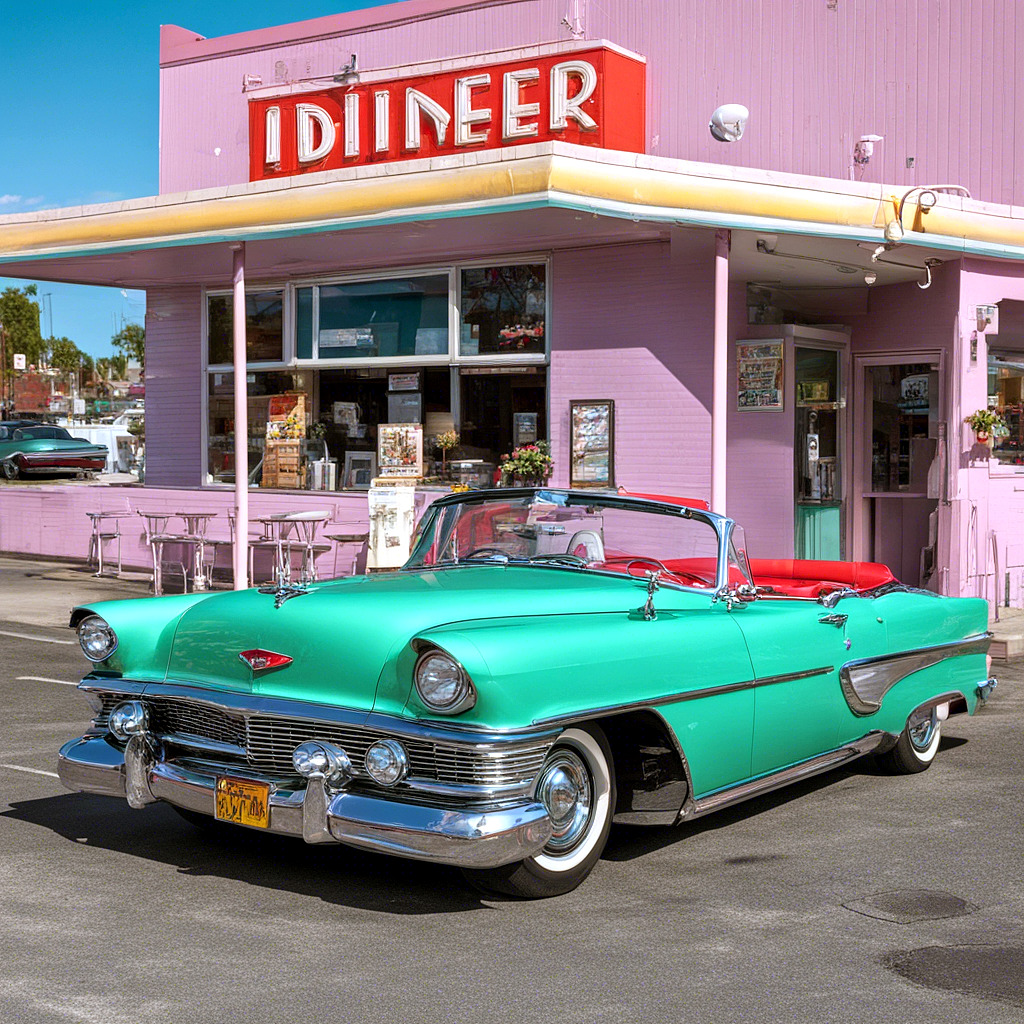 Turquoise classic convertible car parked at pink retro diner