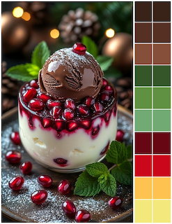 Chocolate ice cream with cherry on white cream dessert decorated with pomegranate seeds and Christmas ornaments