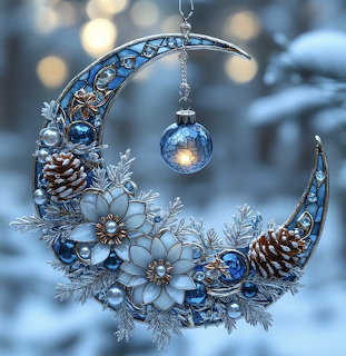 Silver crescent moon ornament decorated with flowers, pine cones, and frosted branches with hanging crystal sphere