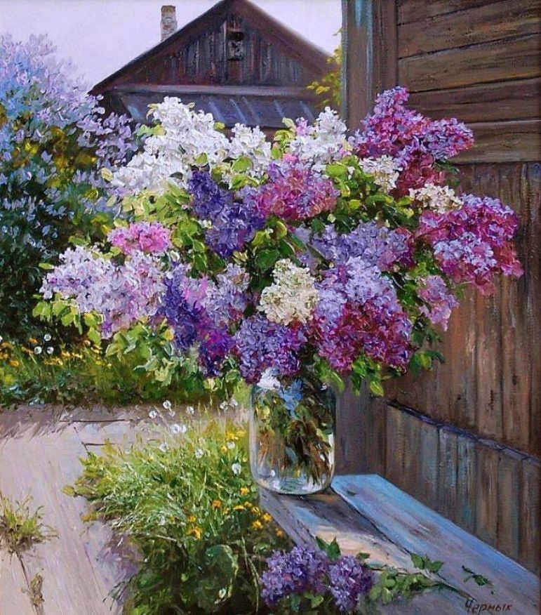 Painting of lilac flowers in buckets beside a rustic wooden house