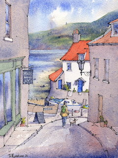 Watercolor of a narrow village street descending to white houses, boats, and a bay with green hills