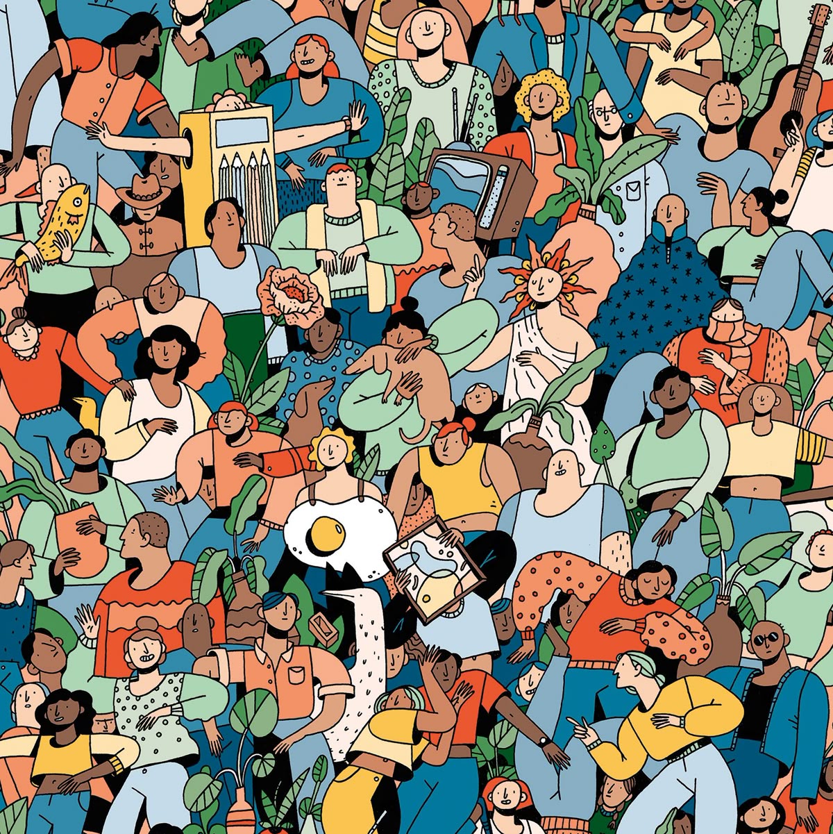 Colorful cartoon crowd scene filled with many people in different poses and clothing