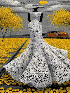 Woman in white lace dress holding yellow umbrella on street with yellow flowers