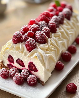 Mascarpone and white chocolate yule log cake topped with fresh raspberries and whipped cream