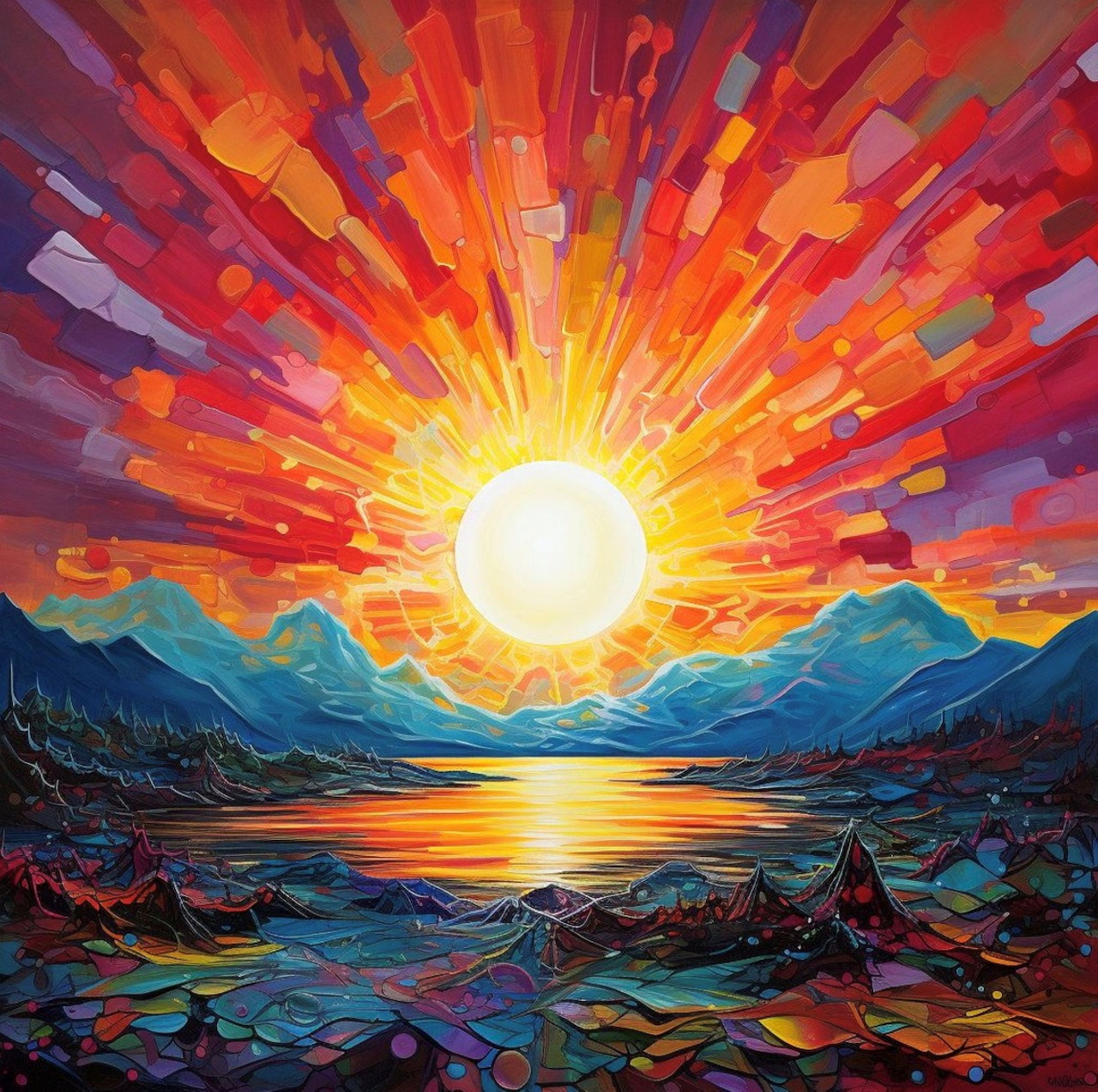 Geometric sunrise painting with angular rays bursting over mountains and water in vibrant orange, red, yellow and blue colors