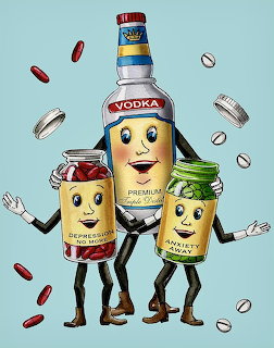 Retro cartoon illustration of three smiling vodka bottle characters with arms and legs surrounded by floating pills