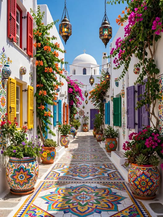 Colorful Moroccan alley with mosaic tiles, painted shutters, hanging lanterns, and abundant flowers.