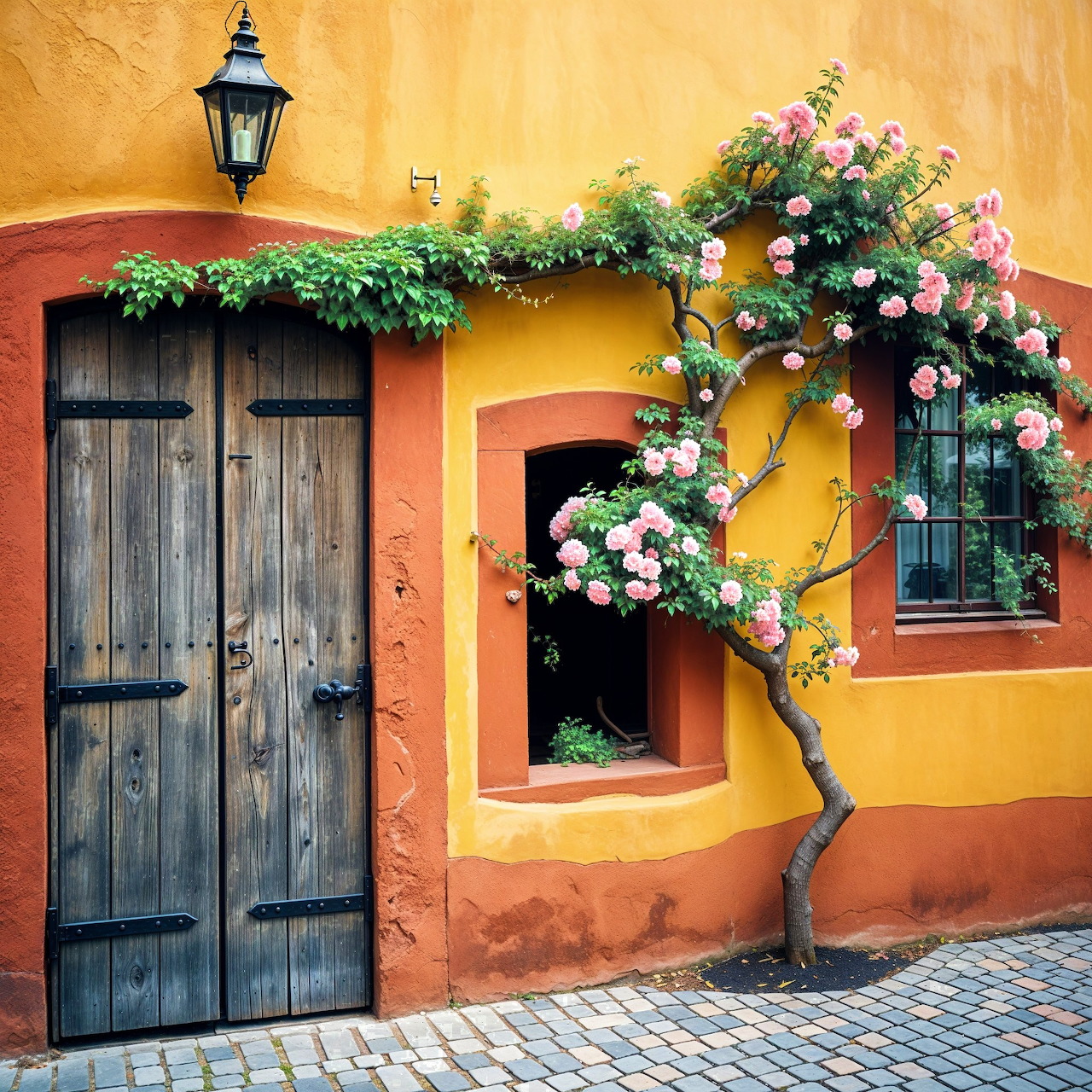 Ochre House with Flowering Tree
