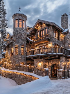 Large stone mountain lodge with turet and warm interior lights surrounded by snow at dusk