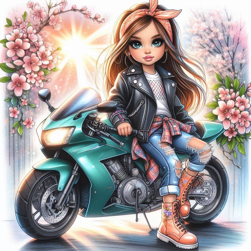 Anime girl with long brown hair in leather jacket sitting on teal motorcycle with cherry blossoms