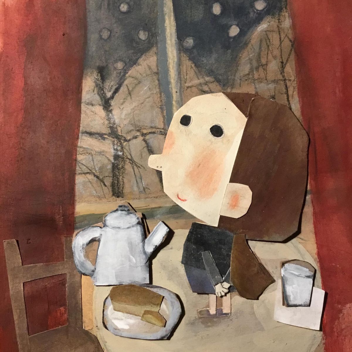 Cubist-style painting of a person by a window with a teapot, plate of bread, and a cup