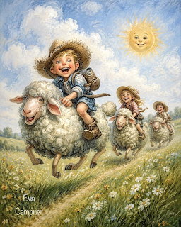 Illustration of children riding sheep down a grassy hillside with daisies and a smiling sun