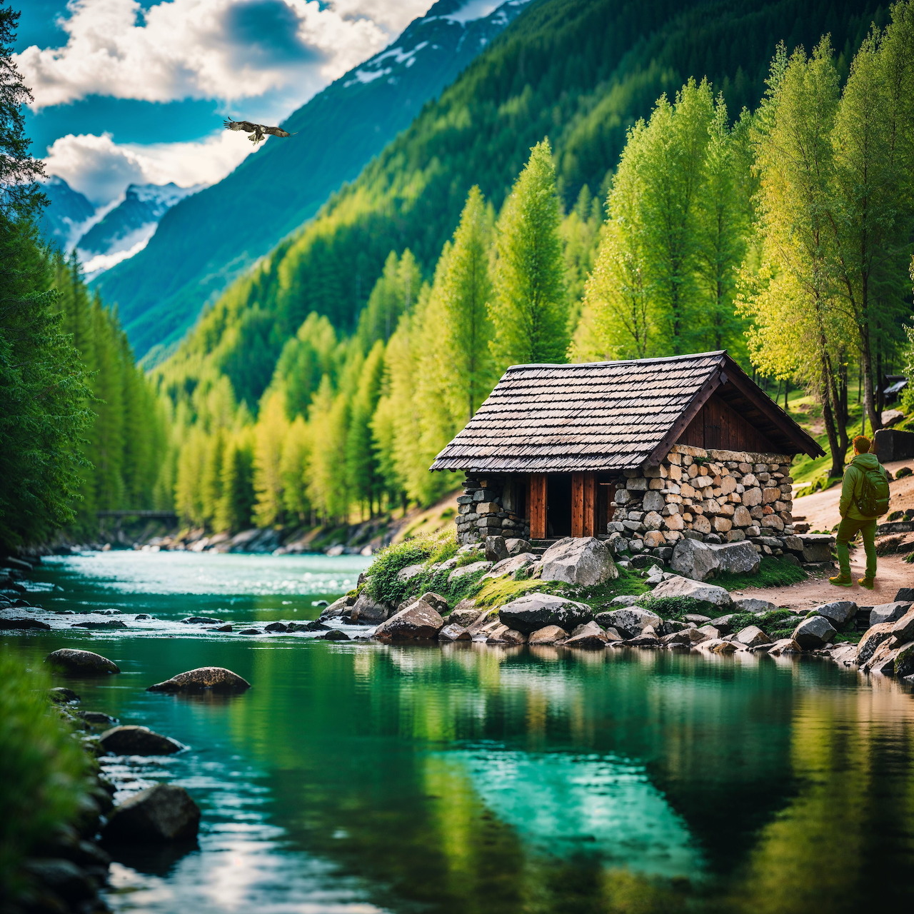 Wooden mountain hut on rocky shore beside calm green river with forest and mountains