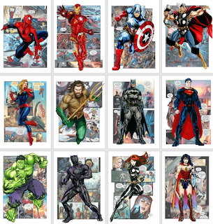 Grid of 12 superhero illustrations featuring Marvel and DC characters in comic book art style