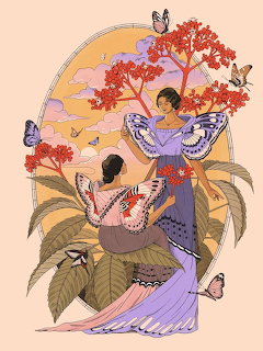 Illustration of two women in butterfly-wing dresses amid red trees and butterflies on peach background