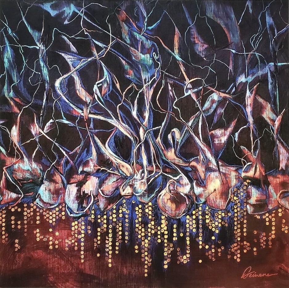 Abstract painting with swirling blue and purple forms above golden dots on dark background