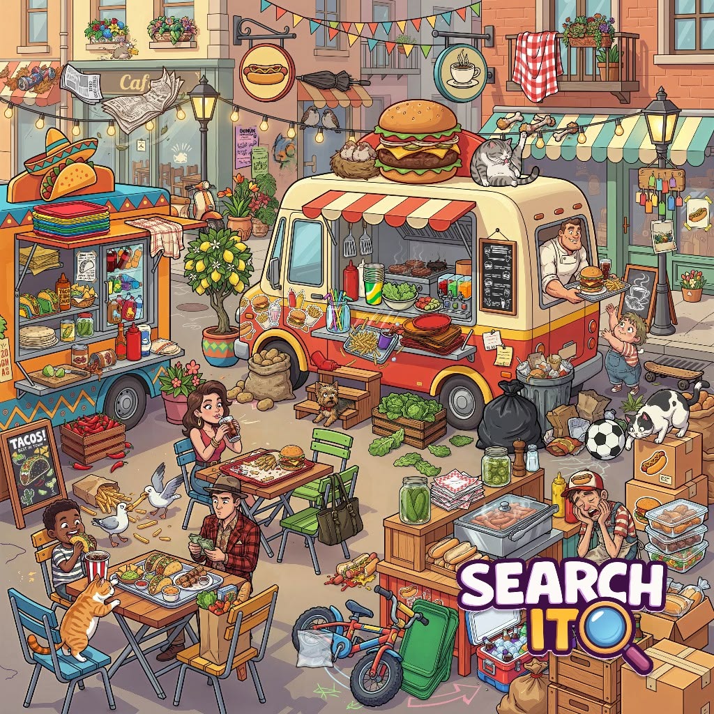 Cartoon street food market with trucks, diners, shops, and busy scene full of characters and details