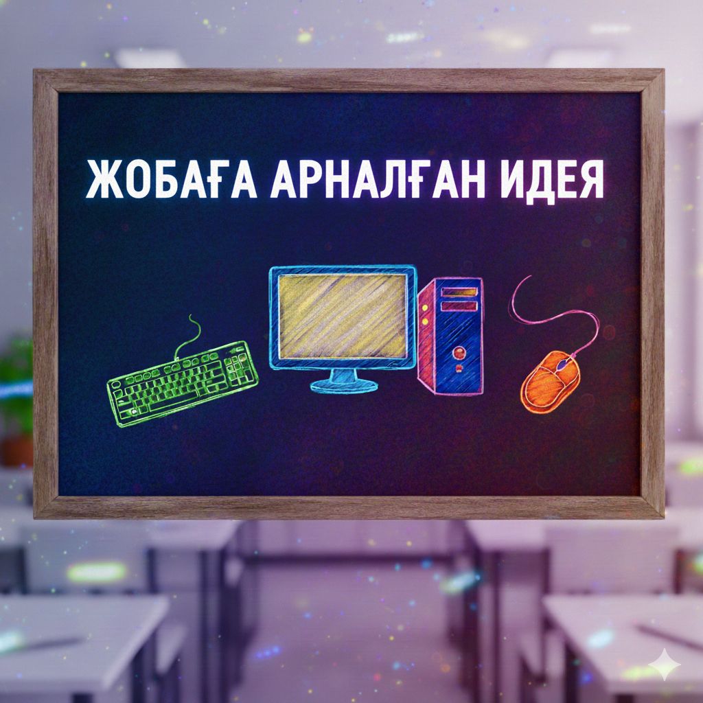Framed classroom chalkboard with colorful computer doodles and large text