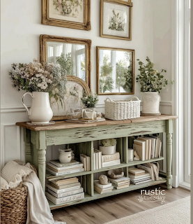 Rustic console table with mirrors, books, baskets, and flowers in a bright farmhouse interior