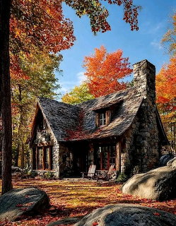 Stone cottage with wooden accents surrounded by colorful autumn trees and fallen leaves