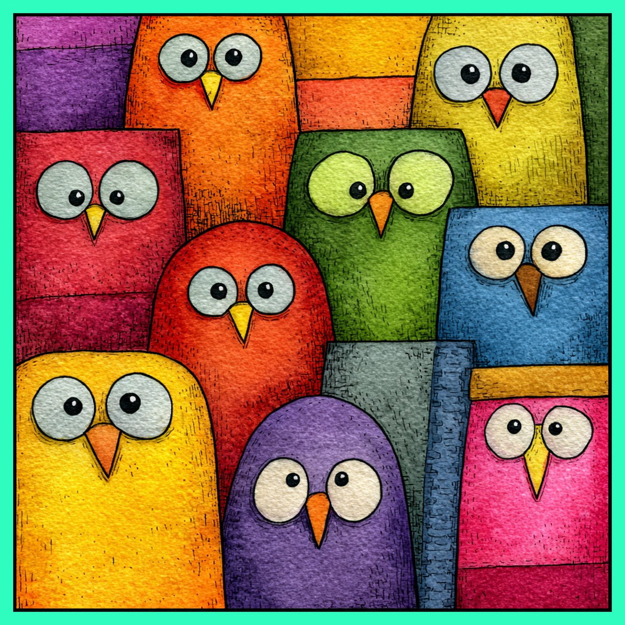 Nine colorful cartoon owls with big eyes arranged in a grid, each in a different bright color