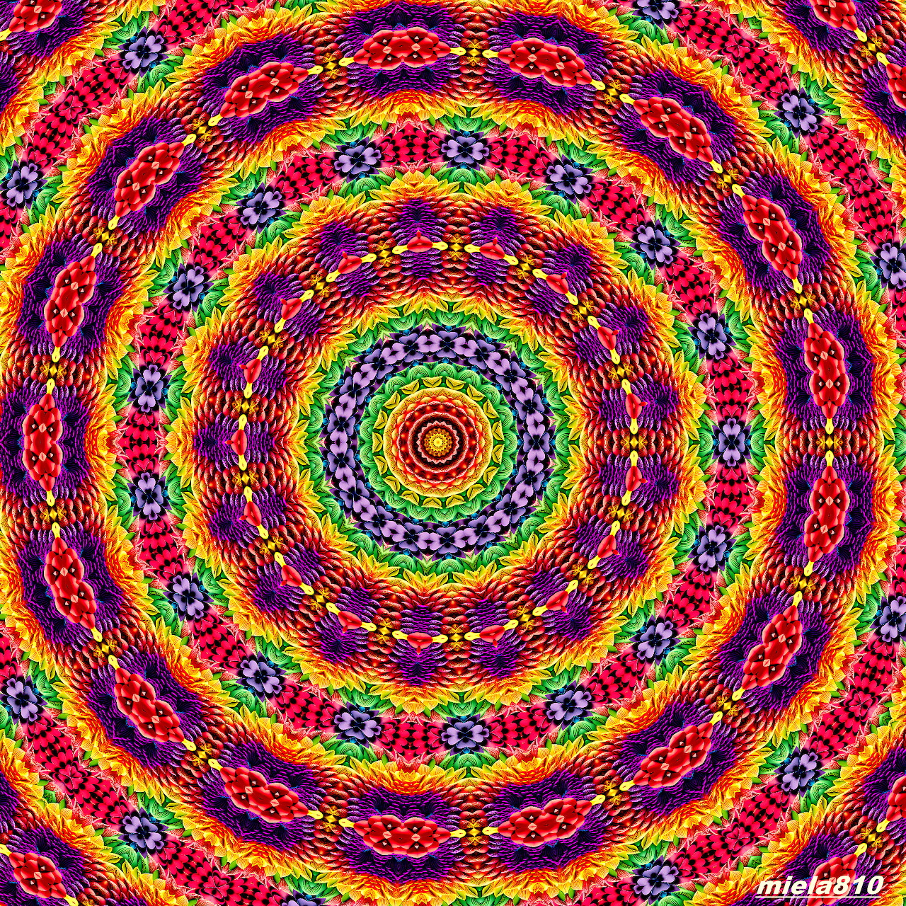 Colorful mandala with concentric rainbow circles and geometric dot patterns