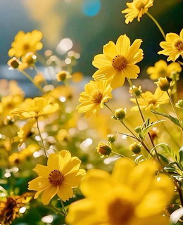 Close-up of yellow wildflowers bloming in sunlight with soft bokeh background