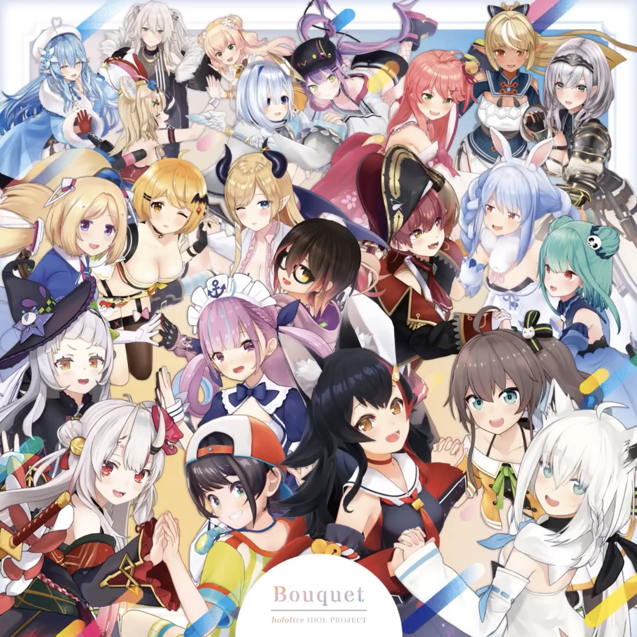 Anime-style group illustration of numerous Hololive VTuber characters posed together for an album cover