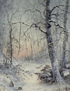 Painting of a snowy winter forest with frosted birch trees and ferns at dawn