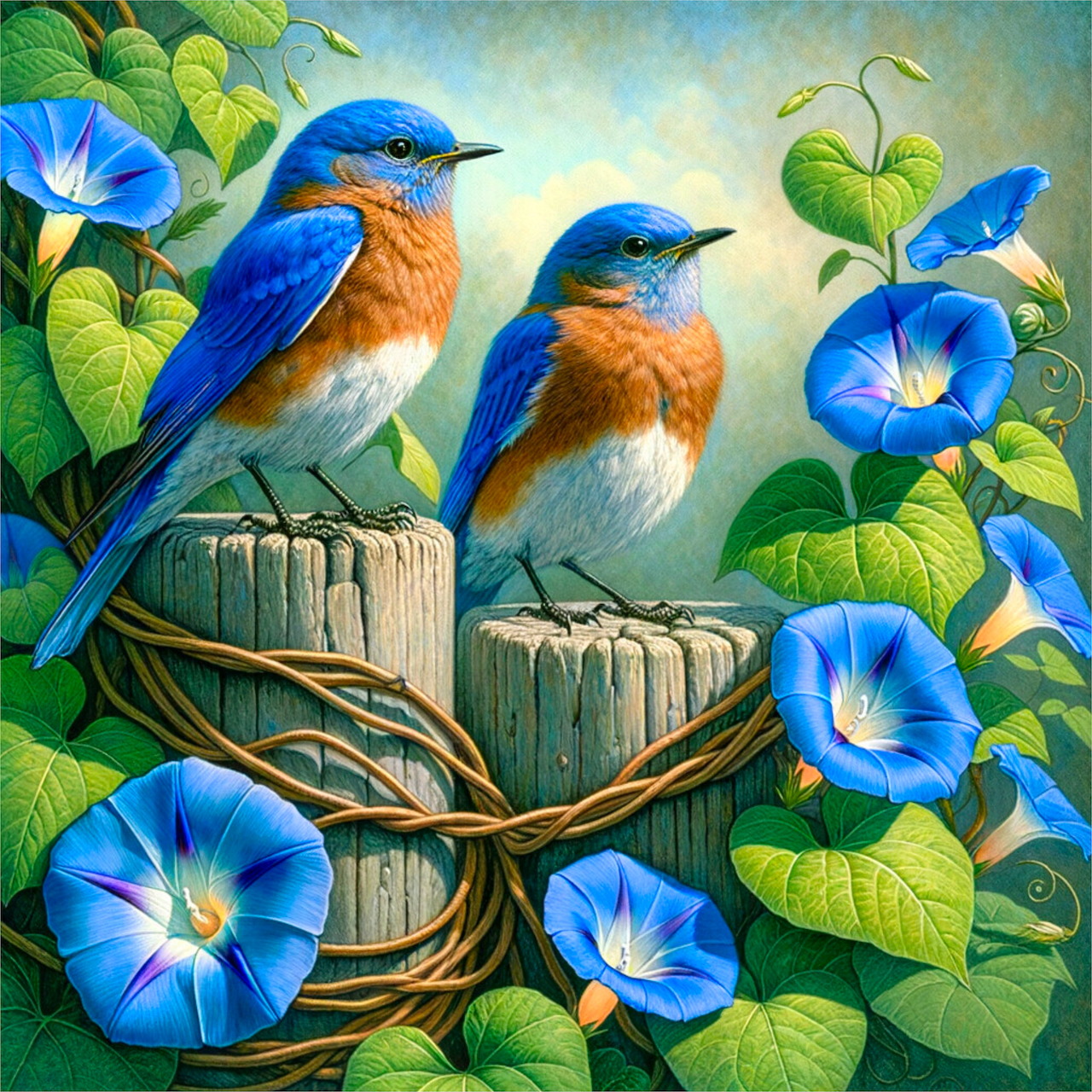 Two bluebirds on wooden posts with blue morning glories and green leaves