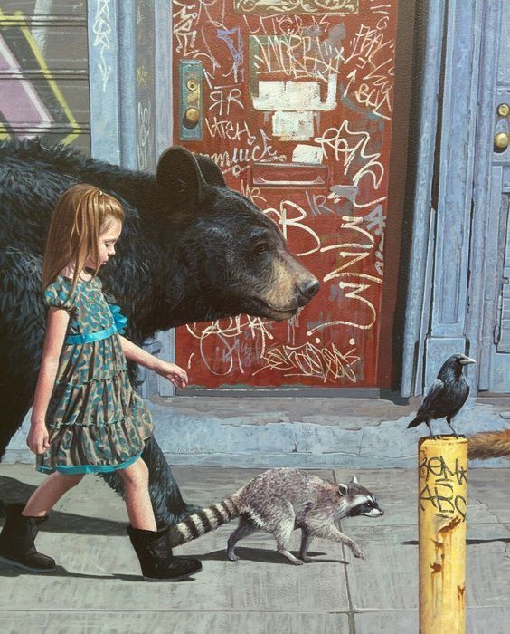 Girl Walking Past Raccoon