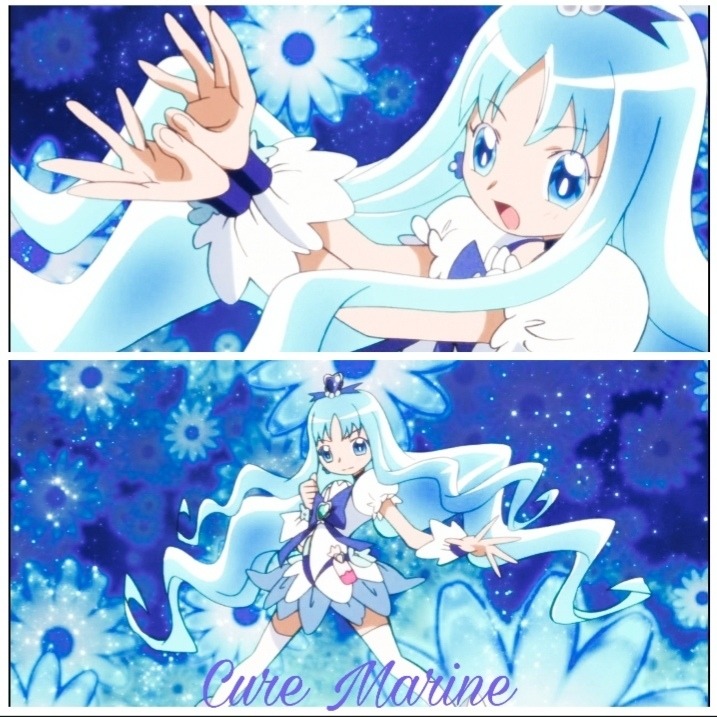 Anime character Cure Marine in a blue two-panel illustration with flowing hair and floral background