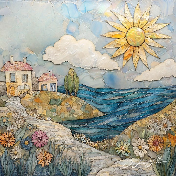 Coastal Village with Sun