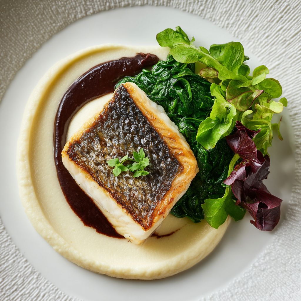 Pan-seared fish fillet with puree, sauce, and mixed greens on a white plate