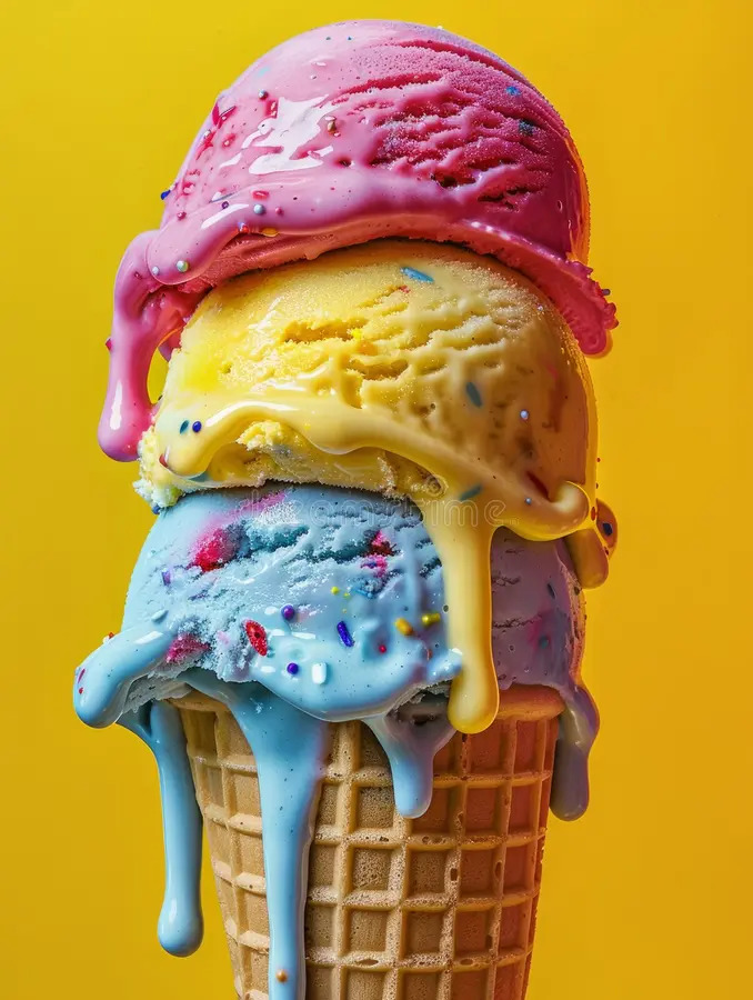 Triple scoop ice cream cone with pink, yellow, and blue scoops dripping over a waffle cone on yellow background